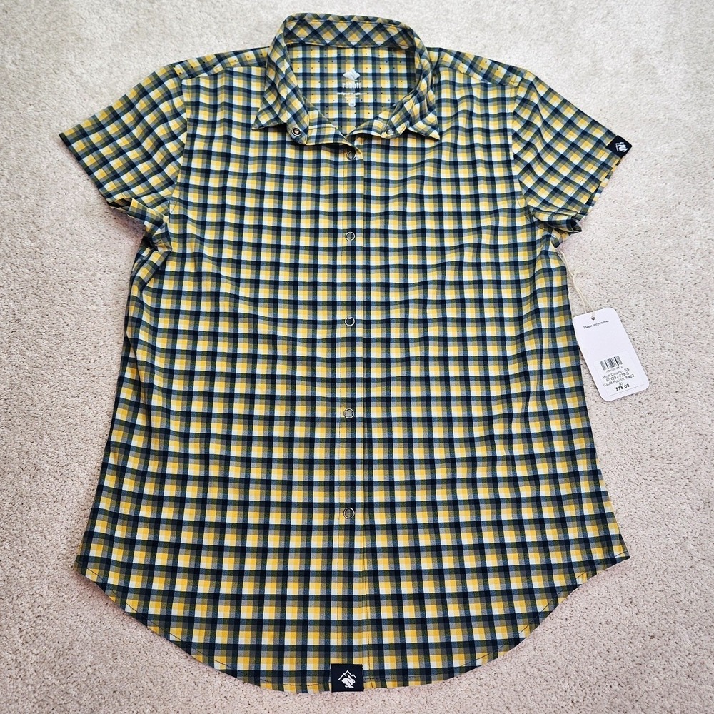 NWT's Rabbit High Country SS Women's S Gold Fusion Plaid Snap Hiking Trail Gorp